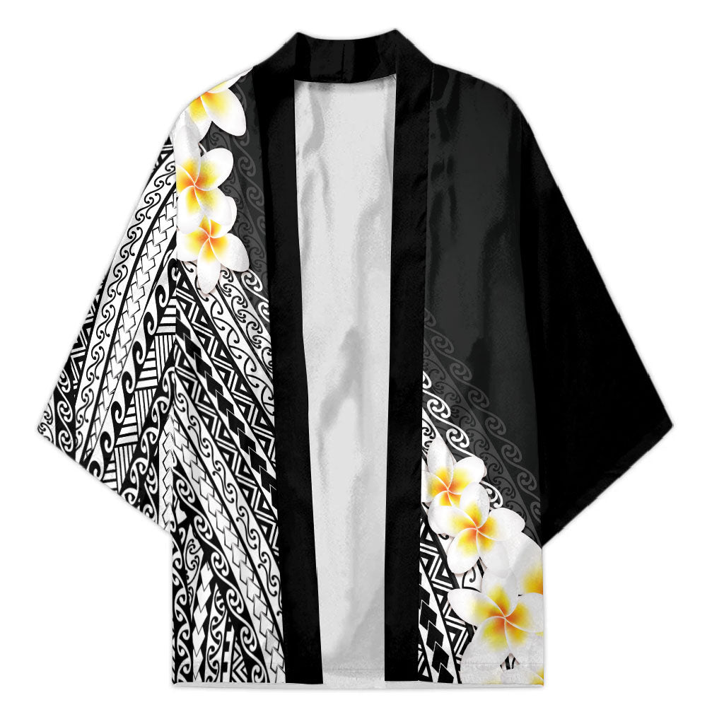 Tahiti Plumeria Tribal Pattern Kimono Wave Style Black LT05 Unisex Black - Polynesian Pride