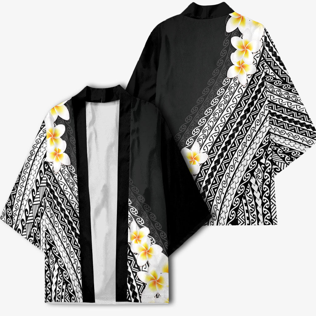 Tahiti Plumeria Tribal Pattern Kimono Wave Style Black LT05 - Polynesian Pride