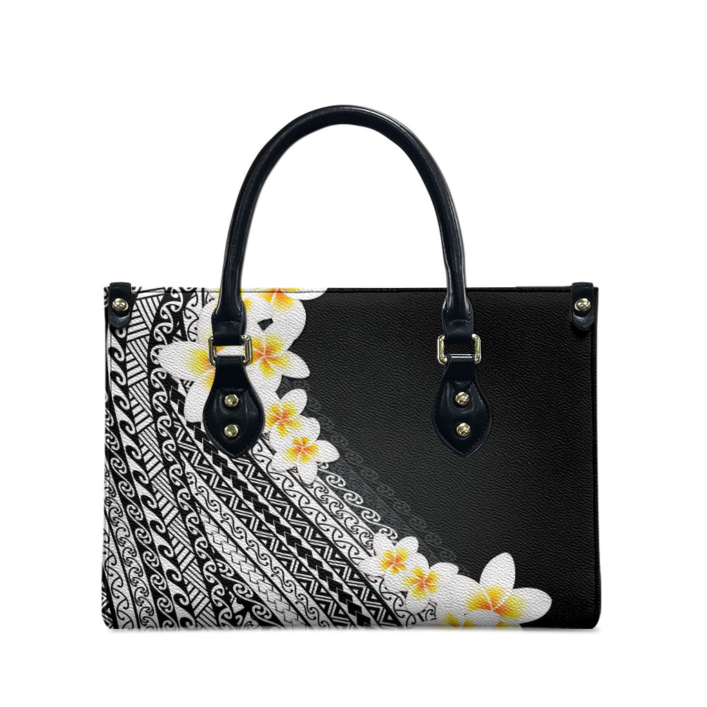 Tahiti Plumeria Tribal Pattern Leather Bag Wave Style Black LT05 - Polynesian Pride