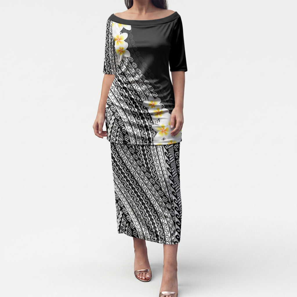 Tahiti Plumeria Tribal Pattern Puletasi Wave Style Black LT05 Long Dress Black - Polynesian Pride