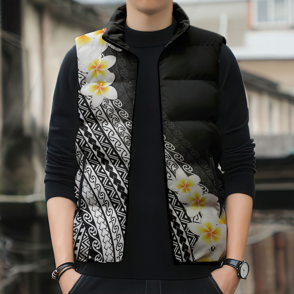 Tahiti Plumeria Tribal Pattern Sleeveless Puffer Jacket Wave Style Black LT05 - Polynesian Pride