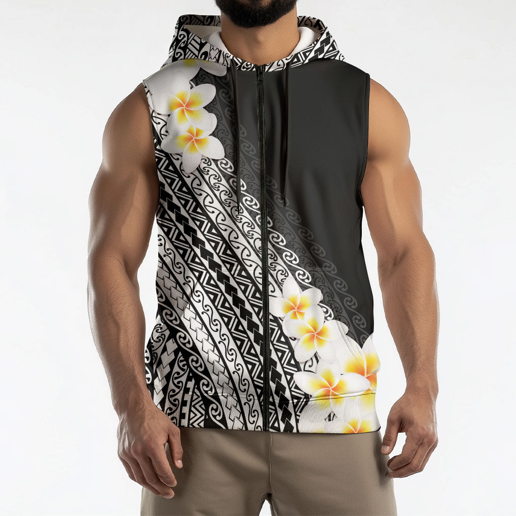 Tahiti Plumeria Tribal Pattern Sleeveless Zip Hoodie Wave Style Black LT05 - Polynesian Pride