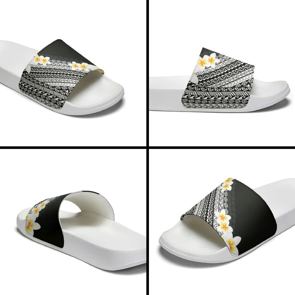 Tahiti Plumeria Tribal Pattern Slide Sandals Wave Style Black LT05 - Polynesian Pride