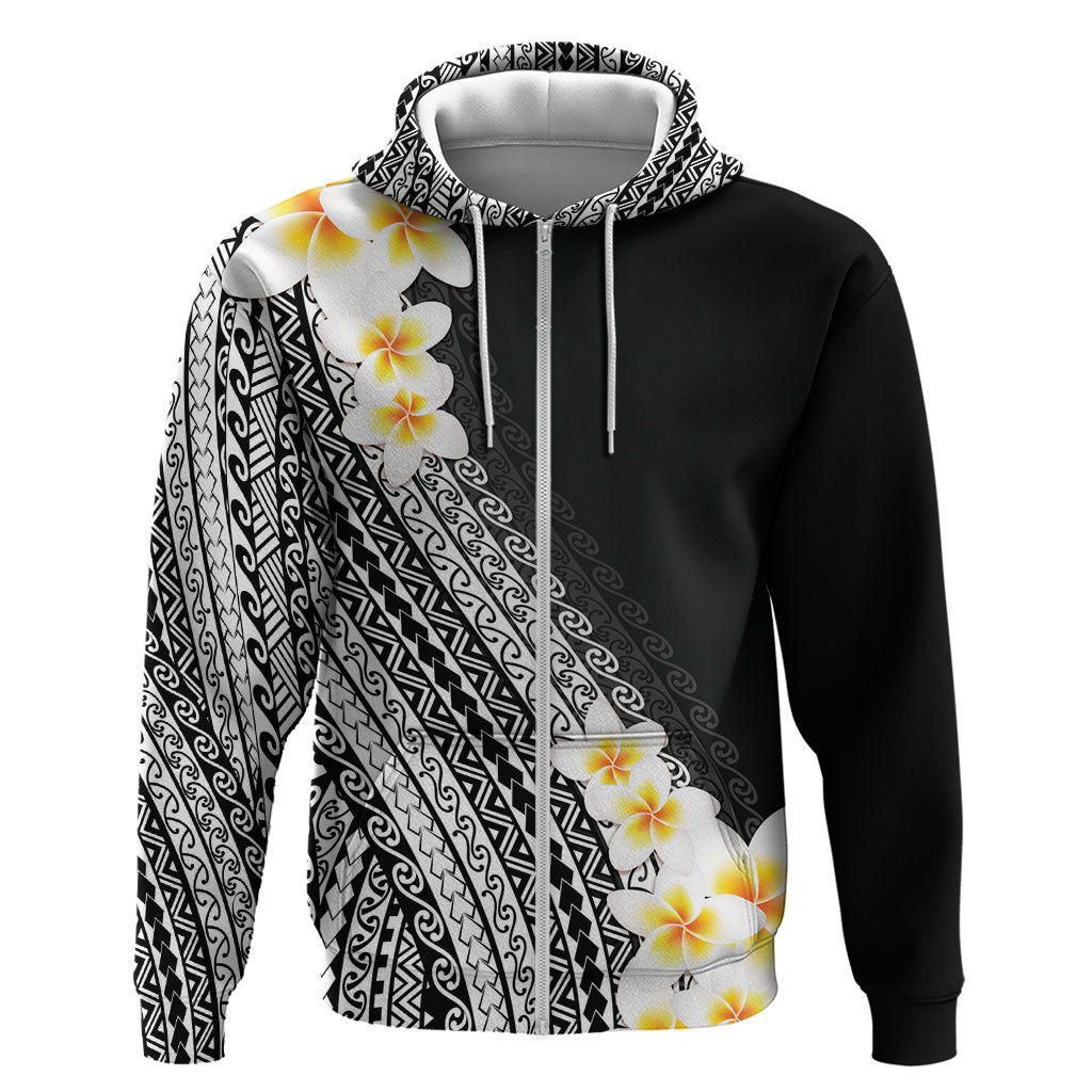 Tahiti Plumeria Tribal Pattern Zip Hoodie Wave Style Black LT05 Zip Hoodie Black - Polynesian Pride
