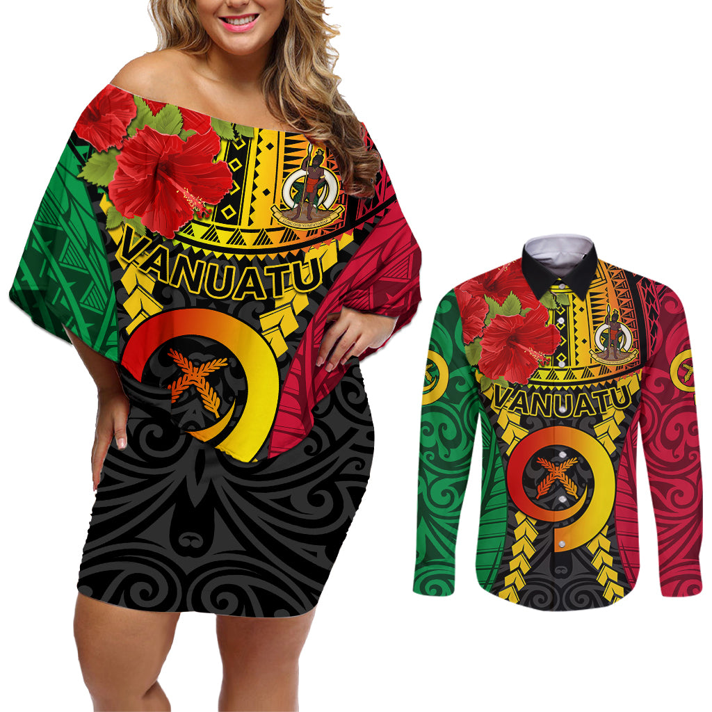 Vanuatu Couples Matching Off Shoulder Short Dress and Long Sleeve Button Shirts Vanuatuan Coat Of Arms Mix Pig Tusk Poynesian Pattern LT05 Reggae - Polynesian Pride