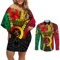 Vanuatu Couples Matching Off Shoulder Short Dress and Long Sleeve Button Shirts Vanuatuan Coat Of Arms Mix Pig Tusk Poynesian Pattern LT05 Reggae - Polynesian Pride