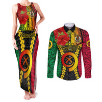 Vanuatu Couples Matching Tank Maxi Dress and Long Sleeve Button Shirts Vanuatuan Coat Of Arms Mix Pig Tusk Poynesian Pattern LT05 Reggae - Polynesian Pride
