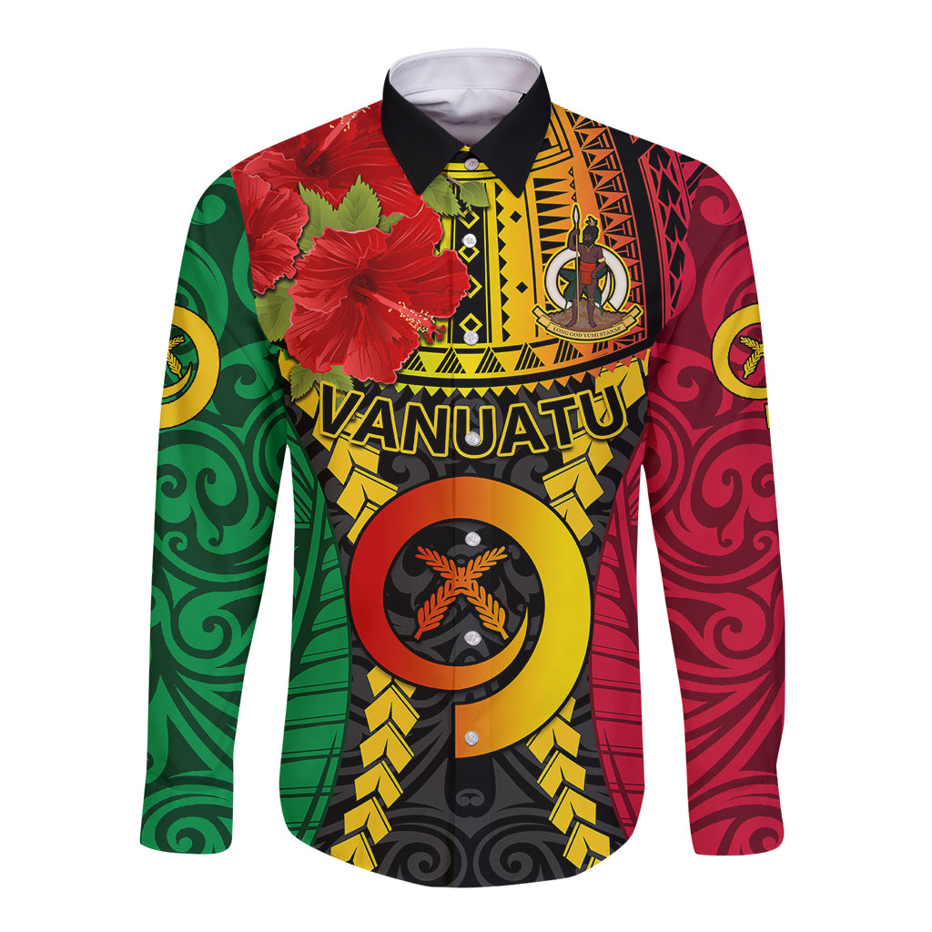 Vanuatu Long Sleeve Button Shirt Vanuatuan Coat Of Arms Mix Pig Tusk Poynesian Pattern LT05 Unisex Reggae - Polynesian Pride