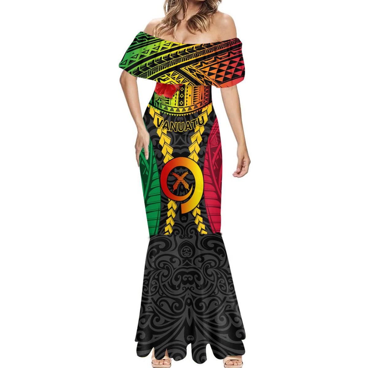 Vanuatu Mermaid Dress Vanuatuan Coat Of Arms Mix Pig Tusk Poynesian Pattern LT05 - Polynesian Pride
