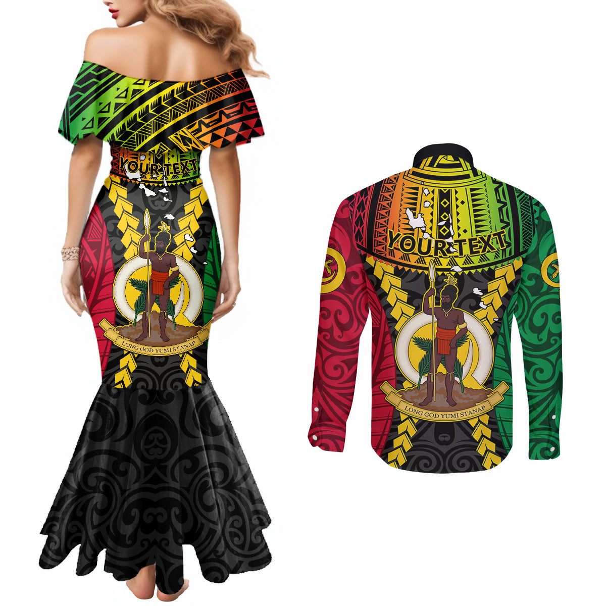 Personalized Vanuatu Couples Matching Mermaid Dress and Long Sleeve Button Shirts Vanuatuan Coat Of Arms Mix Pig Tusk Poynesian Pattern LT05 - Polynesian Pride