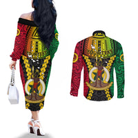 Personalized Vanuatu Couples Matching Off The Shoulder Long Sleeve Dress and Long Sleeve Button Shirts Vanuatuan Coat Of Arms Mix Pig Tusk Poynesian Pattern LT05 - Polynesian Pride