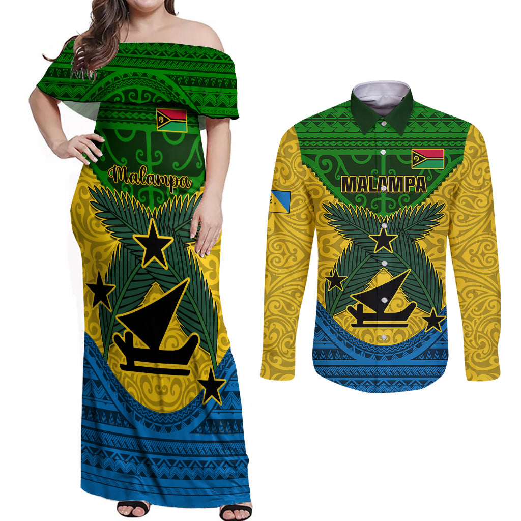 Vanuatu Malampa Province Couples Matching Off Shoulder Maxi Dress and Long Sleeve Button Shirts Coat Of Arms And Namele Fern Polynesian Pattern LT05 Yellow - Polynesian Pride