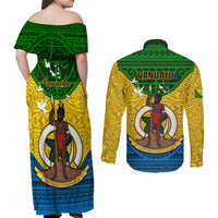 Vanuatu Malampa Province Couples Matching Off Shoulder Maxi Dress and Long Sleeve Button Shirts Coat Of Arms And Namele Fern Polynesian Pattern LT05 - Polynesian Pride