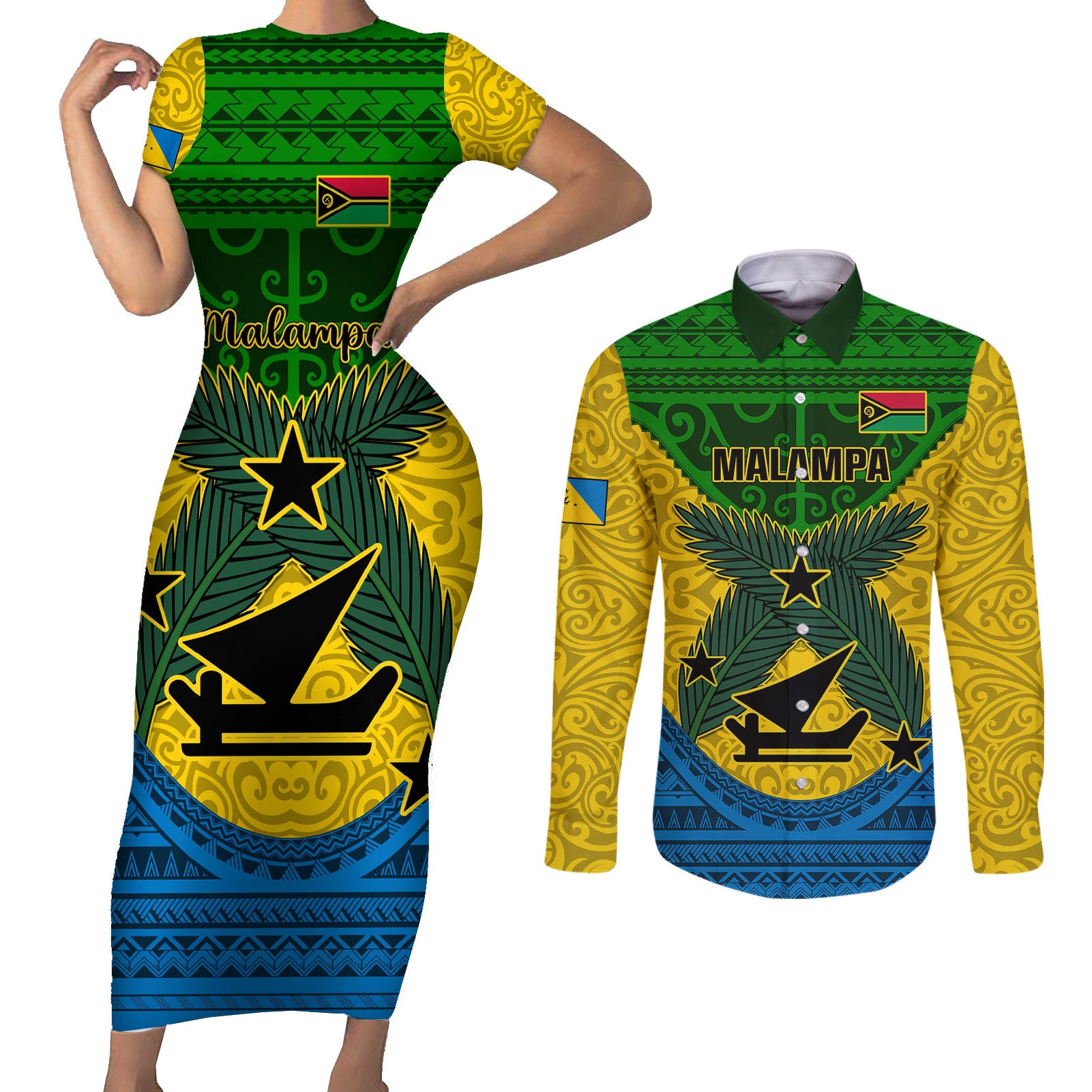 Vanuatu Malampa Province Couples Matching Short Sleeve Bodycon Dress and Long Sleeve Button Shirts Coat Of Arms And Namele Fern Polynesian Pattern LT05 Yellow - Polynesian Pride