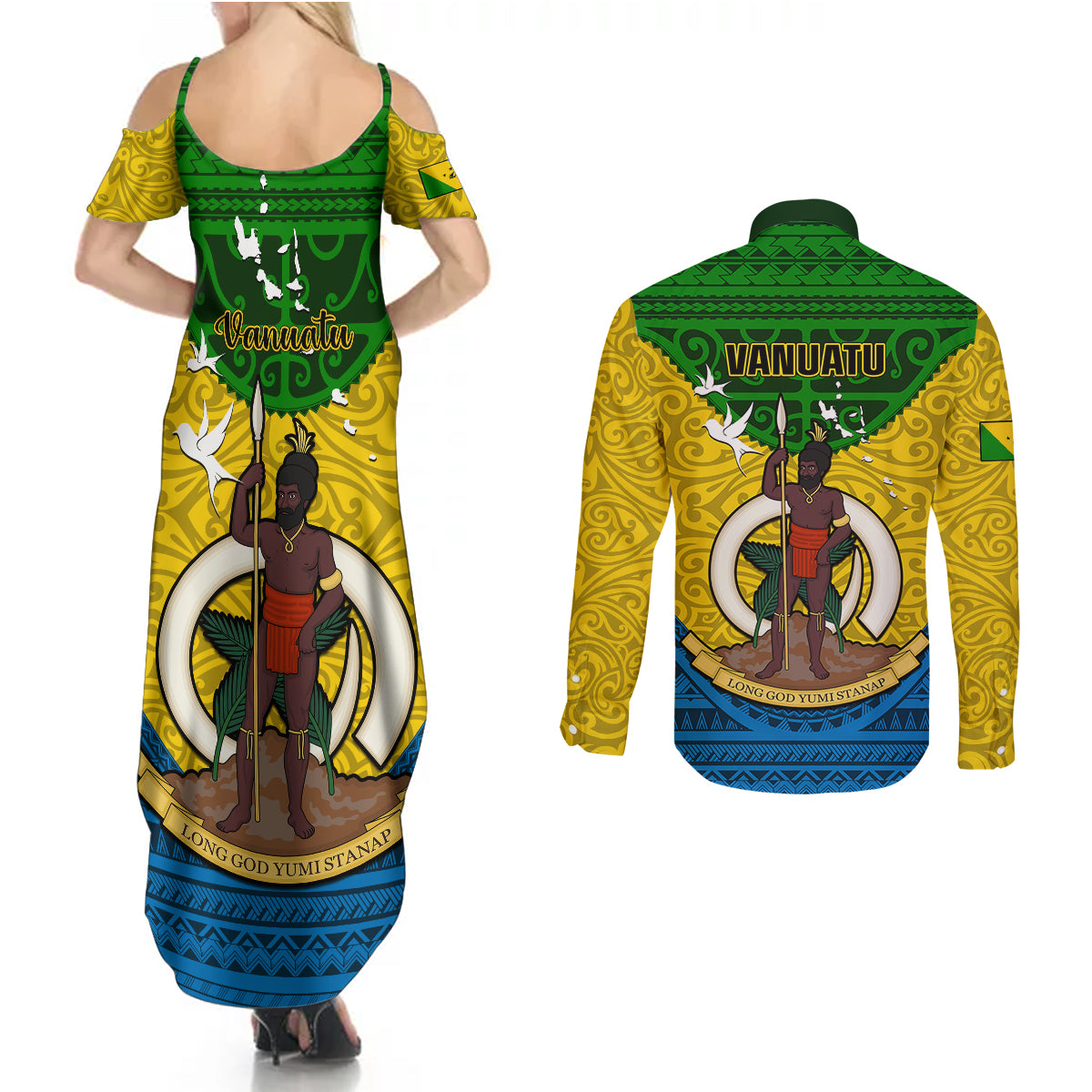 Vanuatu Malampa Province Couples Matching Summer Maxi Dress and Long Sleeve Button Shirts Coat Of Arms And Namele Fern Polynesian Pattern LT05 - Polynesian Pride
