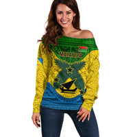 Vanuatu Malampa Province Off Shoulder Sweater Coat Of Arms And Namele Fern Polynesian Pattern LT05 Women Yellow - Polynesian Pride