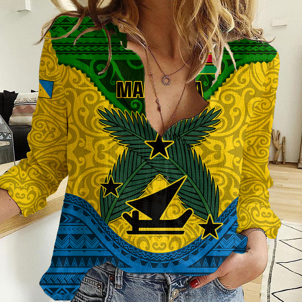 Vanuatu Malampa Province Women Casual Shirt Coat Of Arms And Namele Fern Polynesian Pattern LT05 Female Yellow - Polynesian Pride