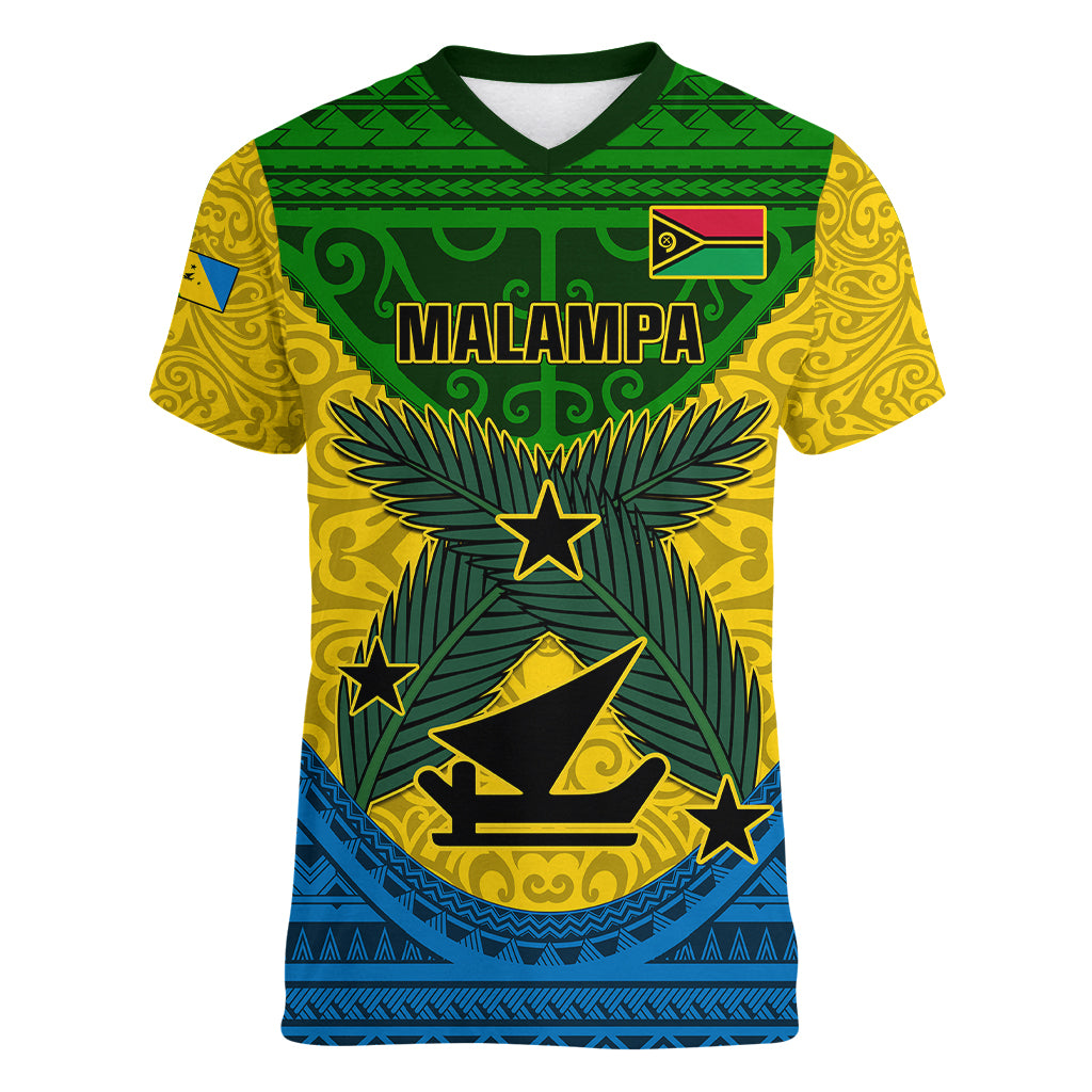 Vanuatu Malampa Province Women V Neck T Shirt Coat Of Arms And Namele Fern Polynesian Pattern LT05 Female Yellow - Polynesian Pride
