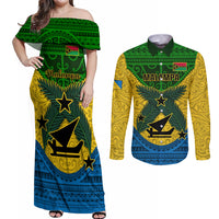 Personalized Vanuatu Malampa Province Couples Matching Off Shoulder Maxi Dress and Long Sleeve Button Shirts Coat Of Arms And Namele Fern Polynesian Pattern LT05 Yellow - Polynesian Pride