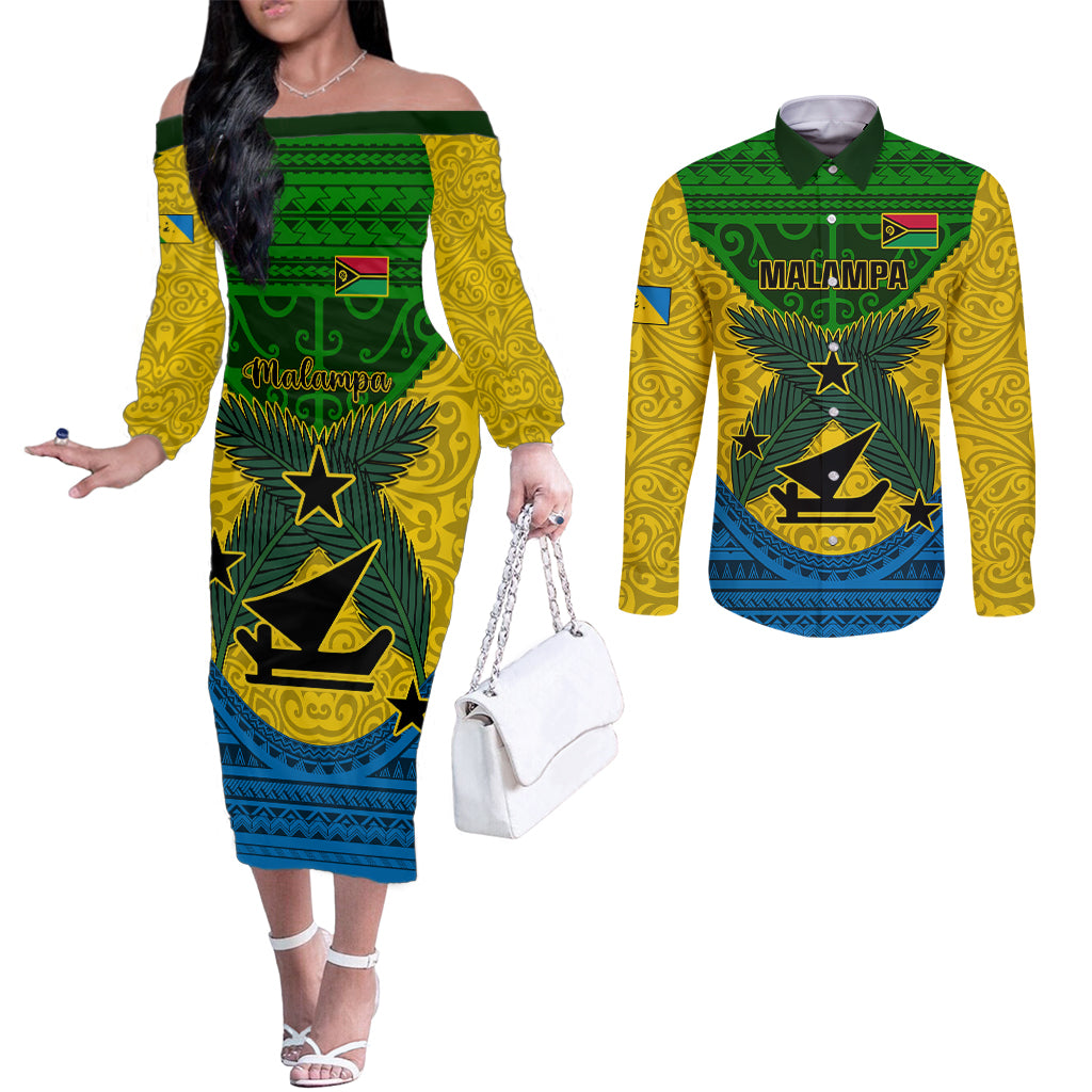 Personalized Vanuatu Malampa Province Couples Matching Off The Shoulder Long Sleeve Dress and Long Sleeve Button Shirts Coat Of Arms And Namele Fern Polynesian Pattern LT05 Yellow - Polynesian Pride