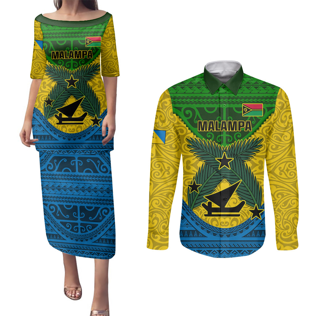 Personalized Vanuatu Malampa Province Couples Matching Puletasi Dress and Long Sleeve Button Shirts Coat Of Arms And Namele Fern Polynesian Pattern LT05 Yellow - Polynesian Pride