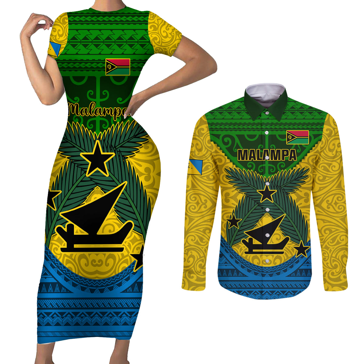 Personalized Vanuatu Malampa Province Couples Matching Short Sleeve Bodycon Dress and Long Sleeve Button Shirts Coat Of Arms And Namele Fern Polynesian Pattern LT05 Yellow - Polynesian Pride