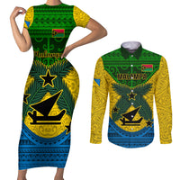 Personalized Vanuatu Malampa Province Couples Matching Short Sleeve Bodycon Dress and Long Sleeve Button Shirts Coat Of Arms And Namele Fern Polynesian Pattern LT05 Yellow - Polynesian Pride