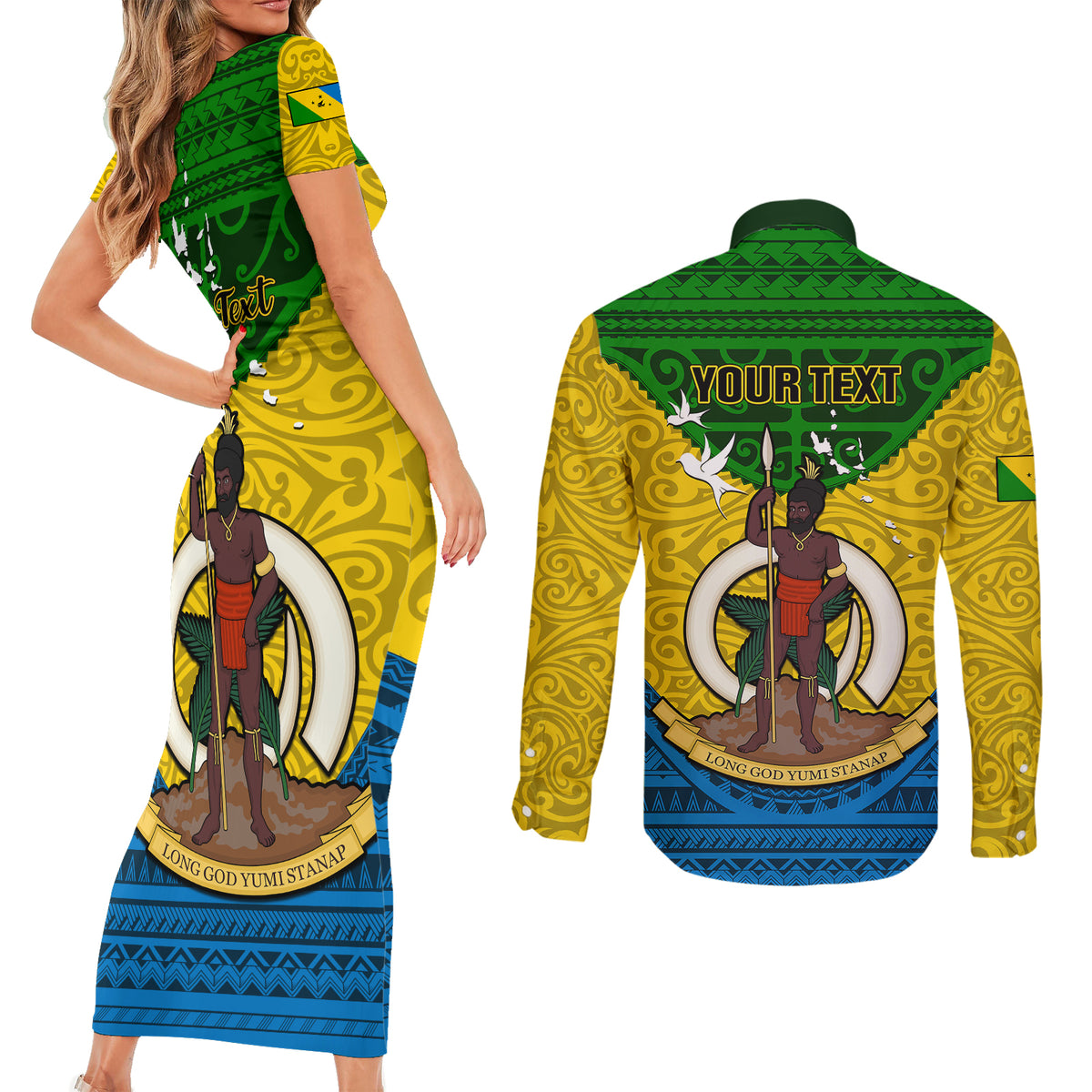 Personalized Vanuatu Malampa Province Couples Matching Short Sleeve Bodycon Dress and Long Sleeve Button Shirts Coat Of Arms And Namele Fern Polynesian Pattern LT05 - Polynesian Pride