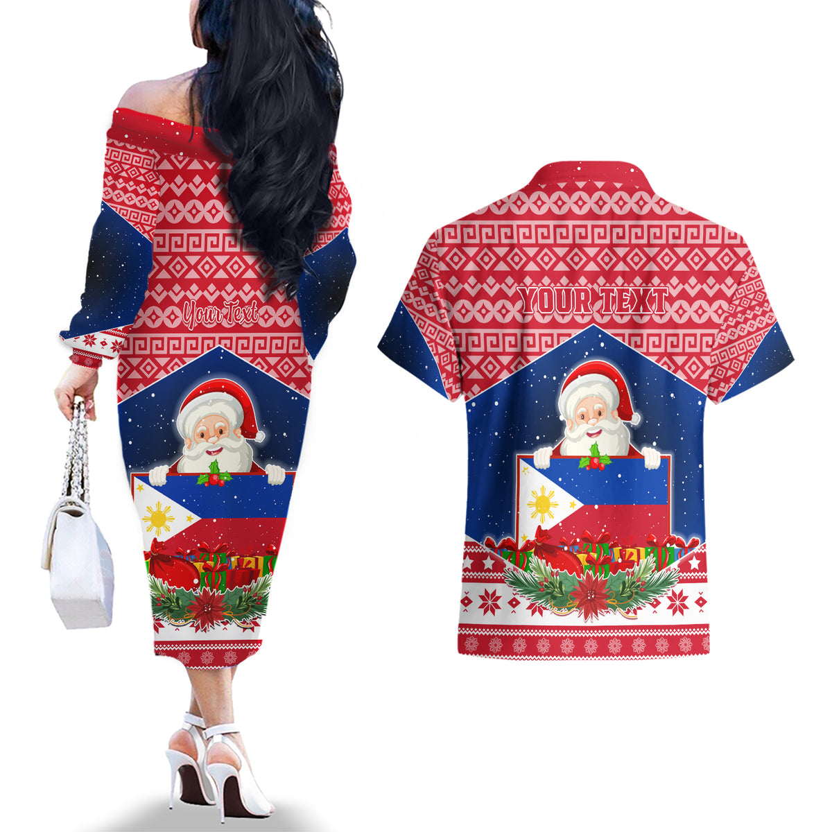 Personalised Philippines Christmas Couples Matching Off The Shoulder Long Sleeve Dress and Hawaiian Shirt Filipino Parol Maligayang Pasko LT05 - Polynesian Pride