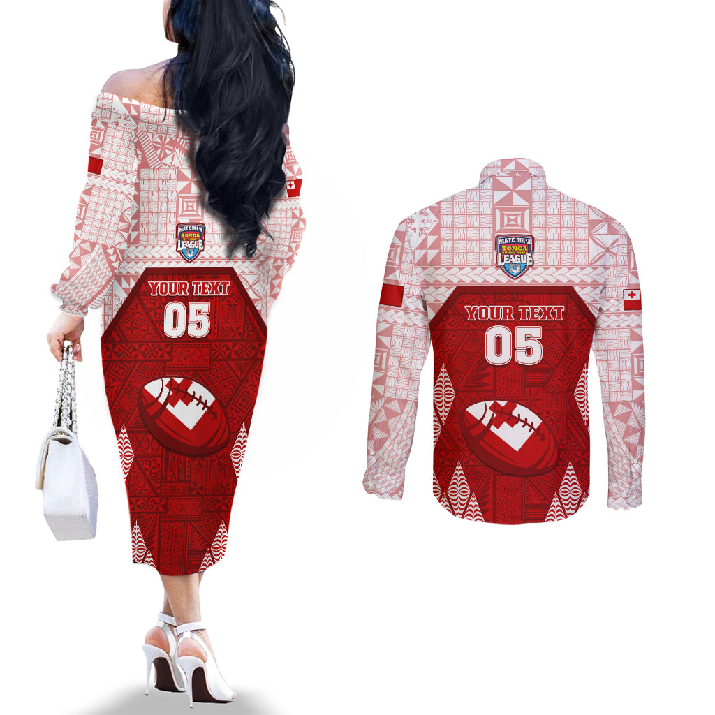 Custom Tonga Rugby Couples Matching Off The Shoulder Long Sleeve Dress and Long Sleeve Button Shirt 2023 Pacific Championships Kupesi Ngatu Mate Maa LT05 - Polynesian Pride