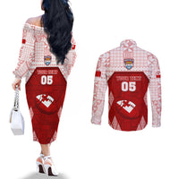 Custom Tonga Rugby Couples Matching Off The Shoulder Long Sleeve Dress and Long Sleeve Button Shirt 2023 Pacific Championships Kupesi Ngatu Mate Maa LT05 - Polynesian Pride