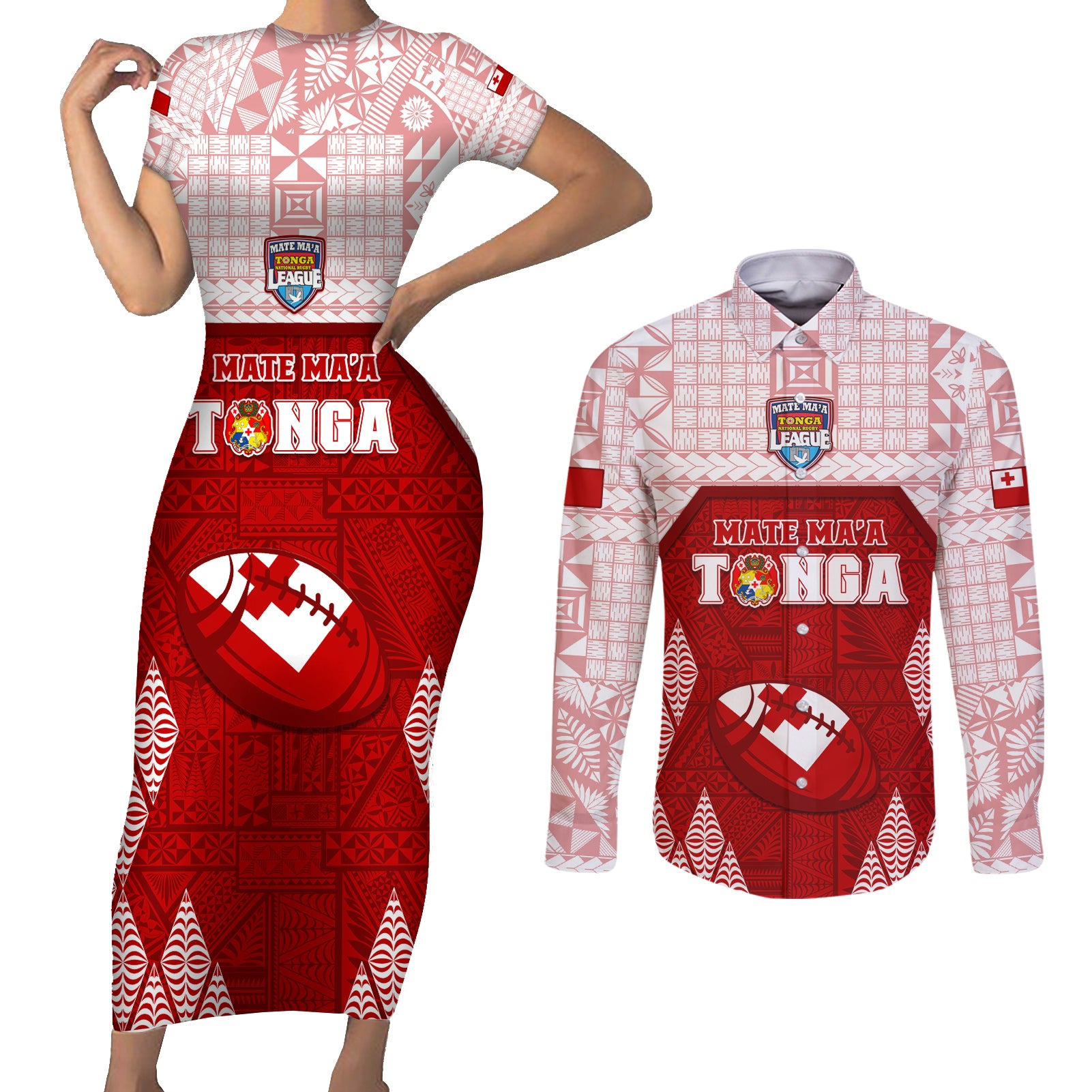 Custom Tonga Rugby Couples Matching Short Sleeve Bodycon Dress and Long Sleeve Button Shirt 2023 Pacific Championships Kupesi Ngatu Mate Maa LT05 Red - Polynesian Pride