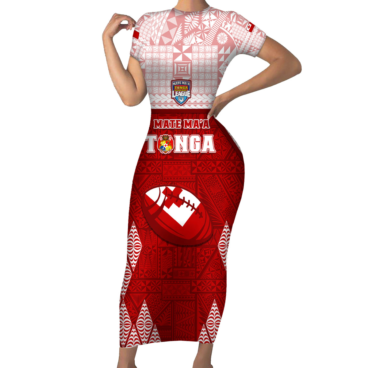 Custom Tonga Rugby Family Matching Short Sleeve Bodycon Dress and Hawaiian Shirt 2023 Pacific Championships Kupesi Ngatu Mate Maa LT05 Mom's Dress Red - Polynesian Pride