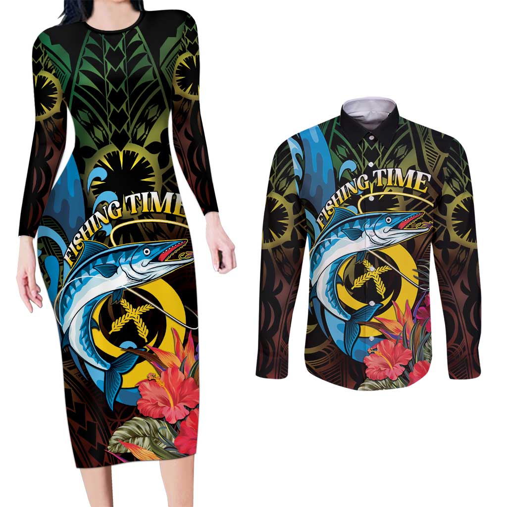 Vanuatu Fishing Couples Matching Long Sleeve Bodycon Dress and Long Sleeve Button Shirt It's Time To Fish