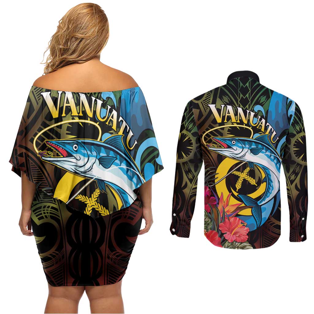 Vanuatu Fishing Couples Matching Off Shoulder Short Dress and Long Sleeve Button Shirt It's Time To Fish