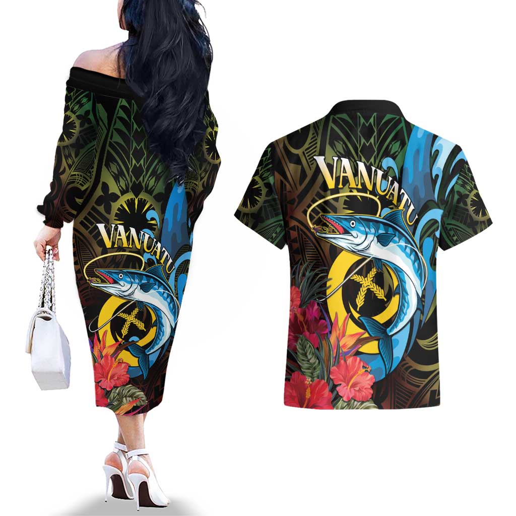 Vanuatu Fishing Couples Matching Off The Shoulder Long Sleeve Dress and Hawaiian Shirt It's Time To Fish