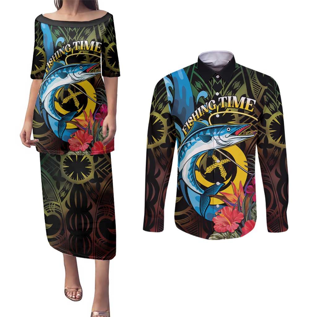 Vanuatu Fishing Couples Matching Puletasi and Long Sleeve Button Shirt It's Time To Fish