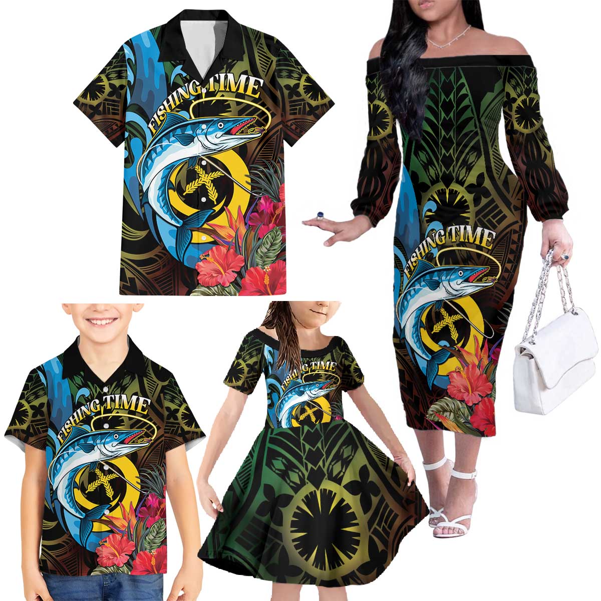 Vanuatu Fishing Family Matching Off The Shoulder Long Sleeve Dress and Hawaiian Shirt It's Time To Fish LT05 - Polynesian Pride
