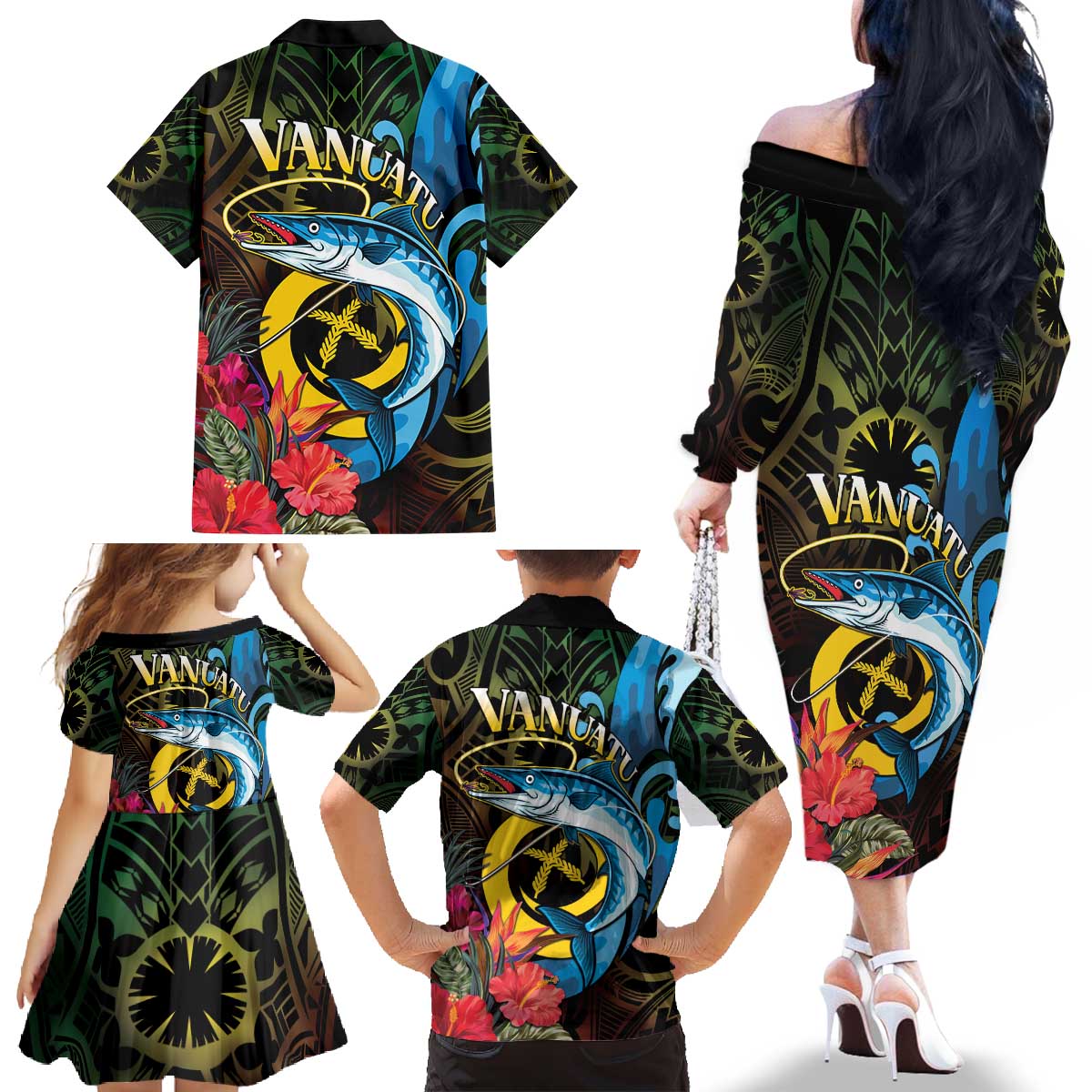 Vanuatu Fishing Family Matching Off The Shoulder Long Sleeve Dress and Hawaiian Shirt It's Time To Fish LT05 - Polynesian Pride