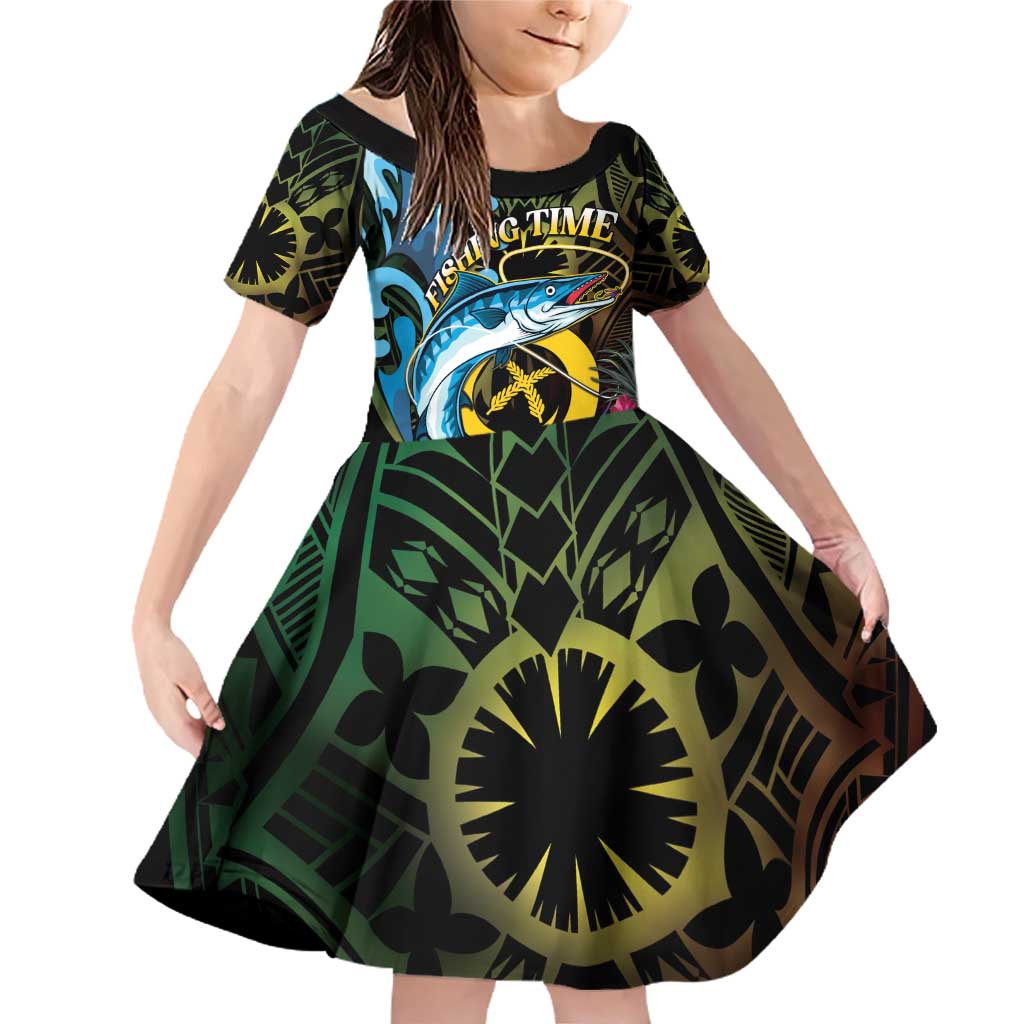 Vanuatu Fishing Family Matching Off Shoulder Short Dress and Hawaiian Shirt It's Time To Fish LT05 Daughter's Dress Black - Polynesian Pride