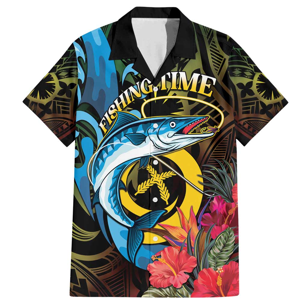 Vanuatu Fishing Family Matching Off Shoulder Short Dress and Hawaiian Shirt It's Time To Fish LT05 Dad's Shirt - Short Sleeve Black - Polynesian Pride