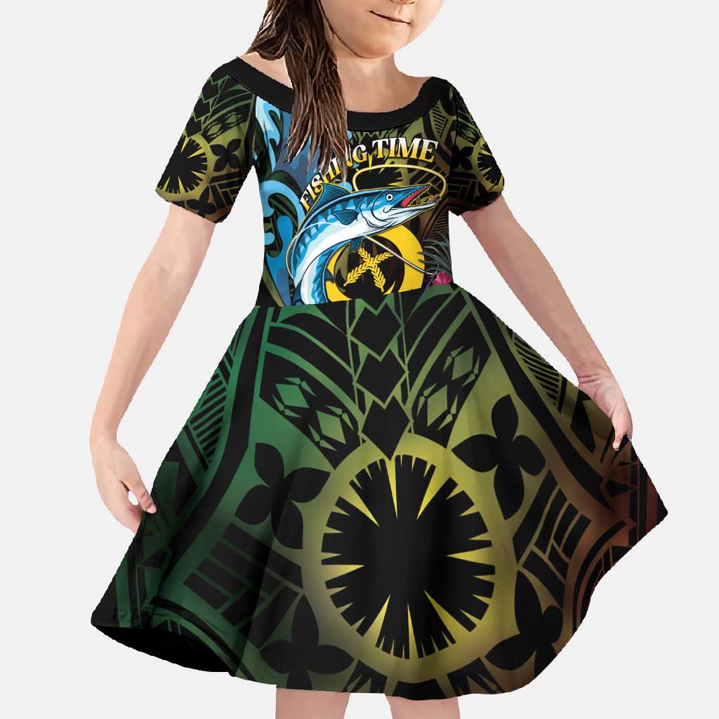 Vanuatu Fishing Family Matching Tank Maxi Dress and Hawaiian Shirt It's Time To Fish LT05 Daughter's Dress Black - Polynesian Pride