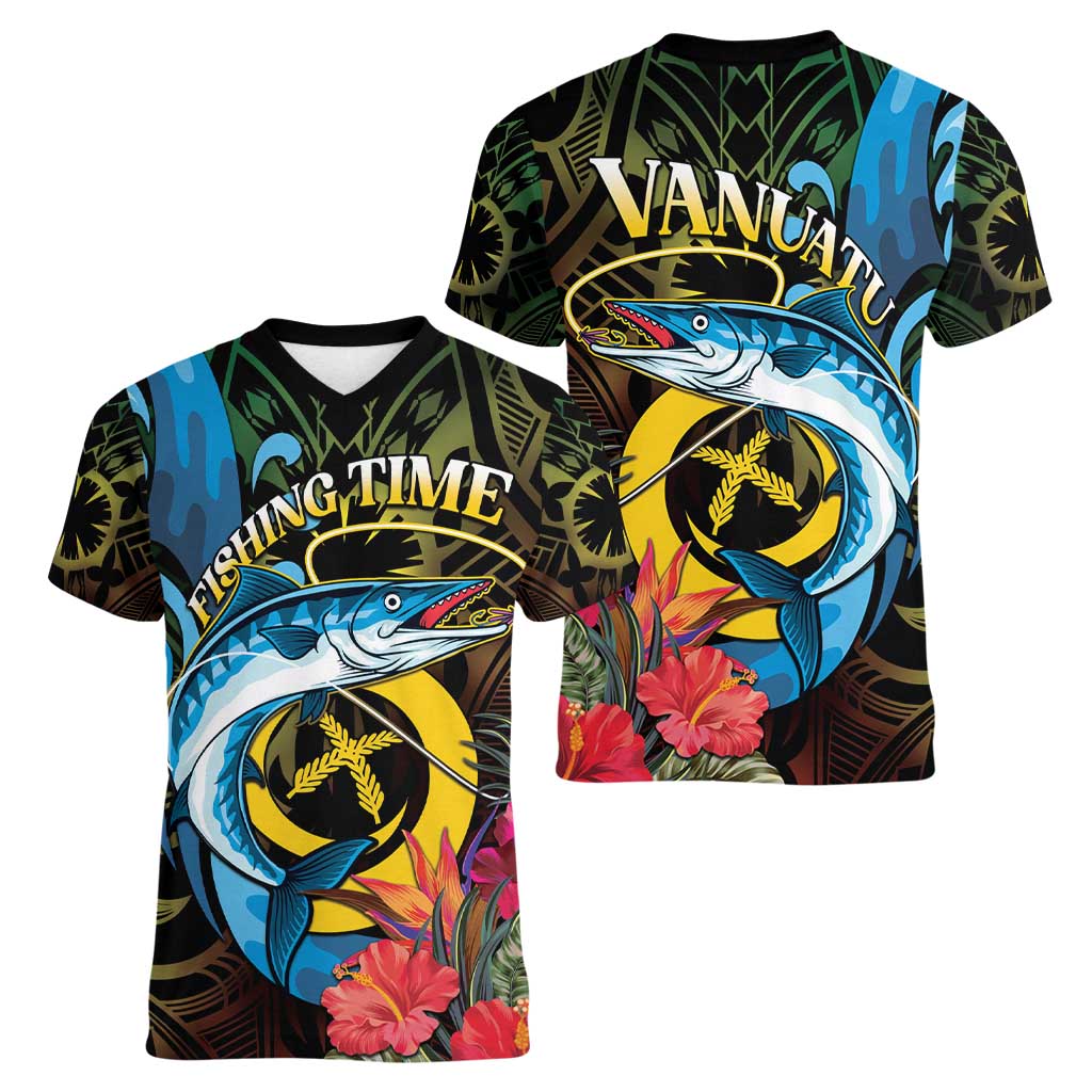 Vanuatu Fishing Women V-Neck T-Shirt It's Time To Fish