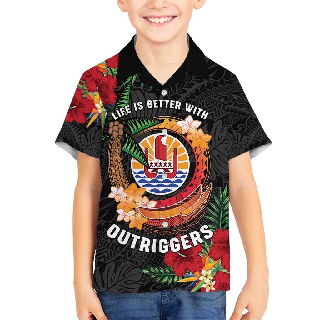 Personalised French Polynesia Outrigger Canoe Race Family Matching Long Sleeve Bodycon Dress and Hawaiian Shirt Tropical Vibe LT05 Son's Shirt Black - Polynesian Pride