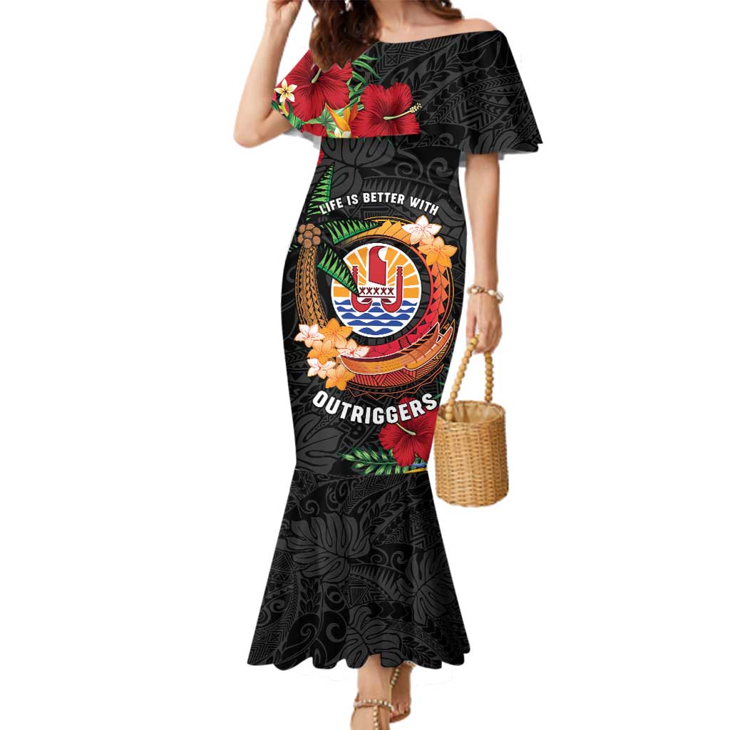Personalised French Polynesia Outrigger Canoe Race Family Matching Mermaid Dress and Hawaiian Shirt Tropical Vibe LT05 Mom's Dress Black - Polynesian Pride