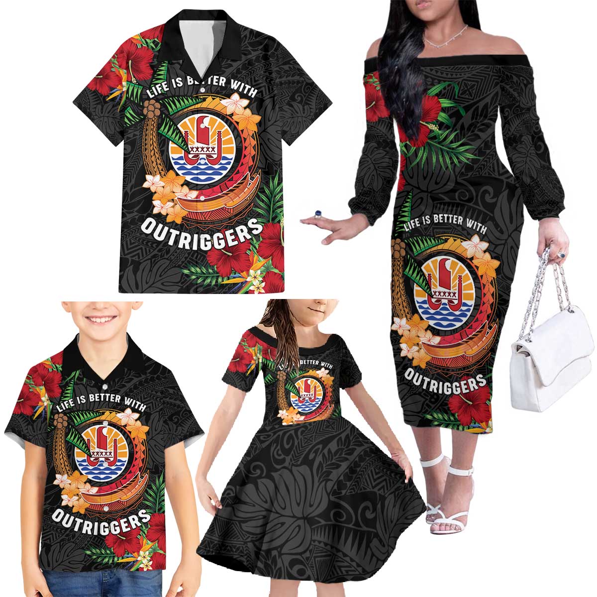Personalised French Polynesia Outrigger Canoe Race Family Matching Off The Shoulder Long Sleeve Dress and Hawaiian Shirt Tropical Vibe LT05 - Polynesian Pride