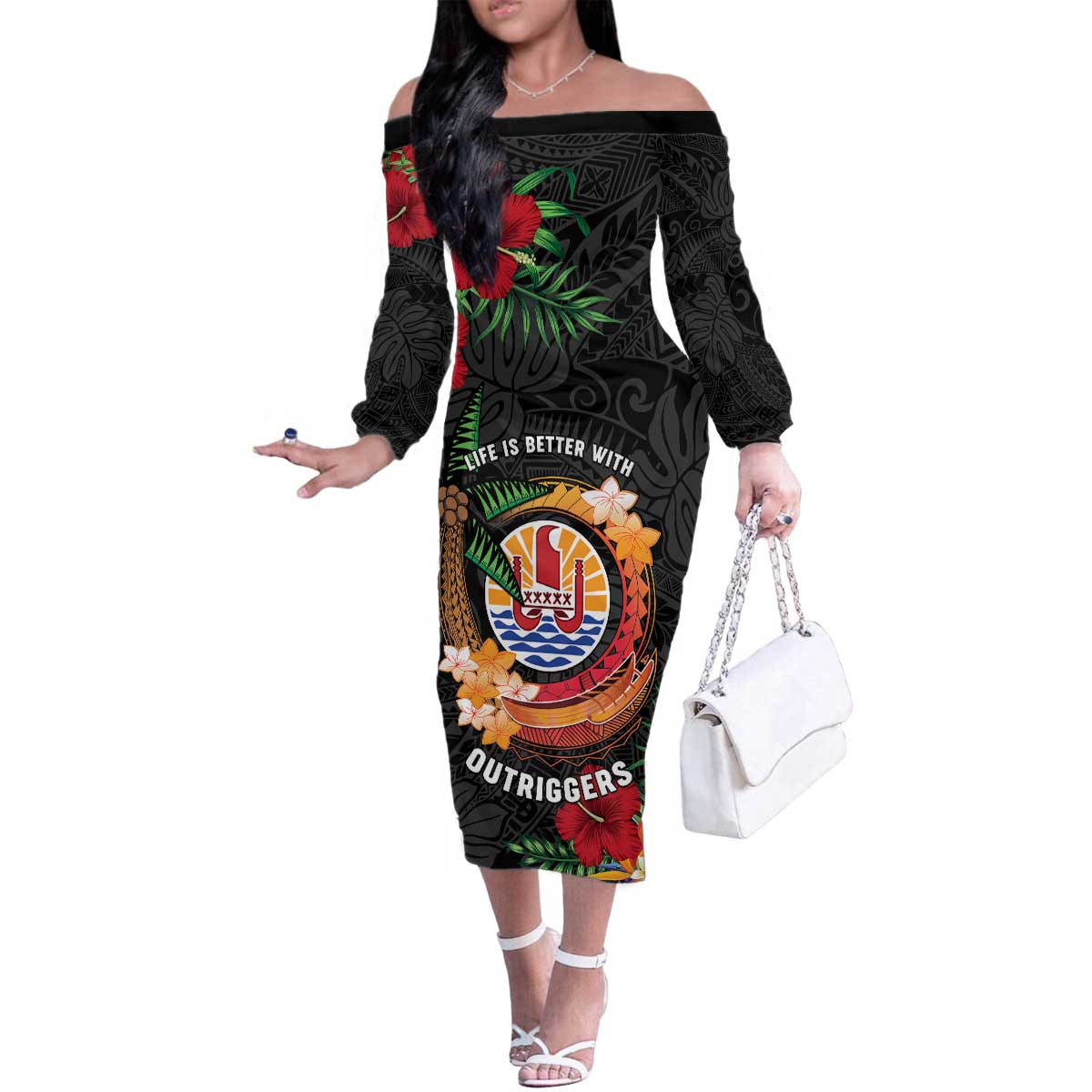 Personalised French Polynesia Outrigger Canoe Race Family Matching Off The Shoulder Long Sleeve Dress and Hawaiian Shirt Tropical Vibe LT05 Mom's Dress Black - Polynesian Pride