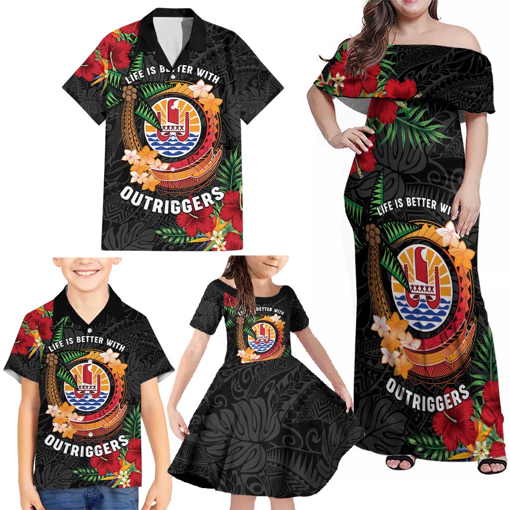 Personalised French Polynesia Outrigger Canoe Race Family Matching Off Shoulder Maxi Dress and Hawaiian Shirt Tropical Vibe LT05 - Polynesian Pride