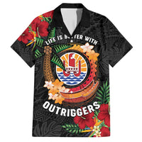 Personalised French Polynesia Outrigger Canoe Race Family Matching Off Shoulder Maxi Dress and Hawaiian Shirt Tropical Vibe LT05 Dad's Shirt - Short Sleeve Black - Polynesian Pride