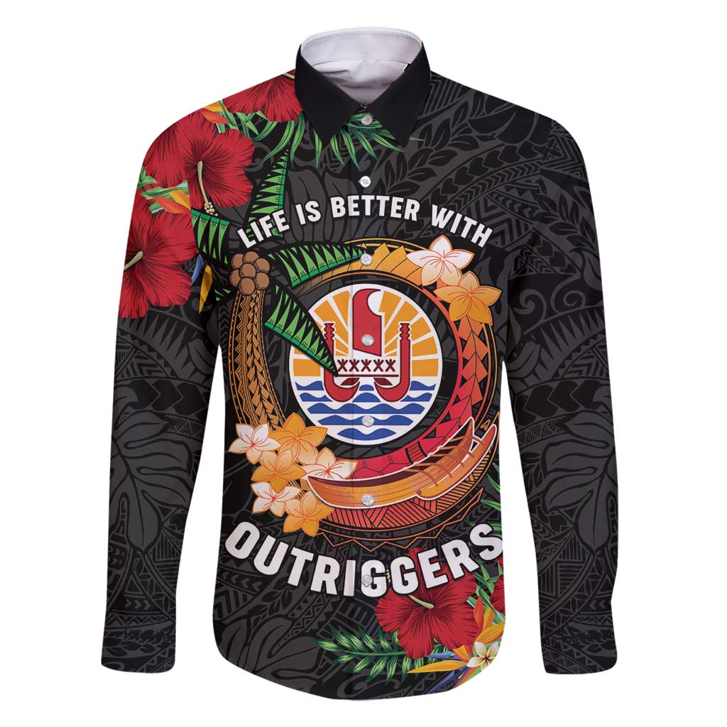 Personalised French Polynesia Outrigger Canoe Race Family Matching Off Shoulder Maxi Dress and Hawaiian Shirt Tropical Vibe LT05 Dad's Shirt - Long Sleeve Black - Polynesian Pride